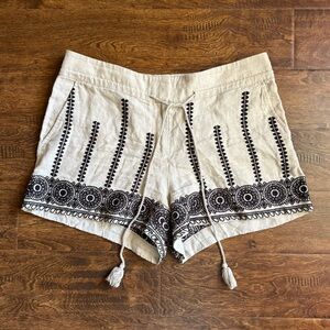 Ann Taylor Loft Embroidered Linen Shorts Tassel Tie Beige Black Size 14 34”